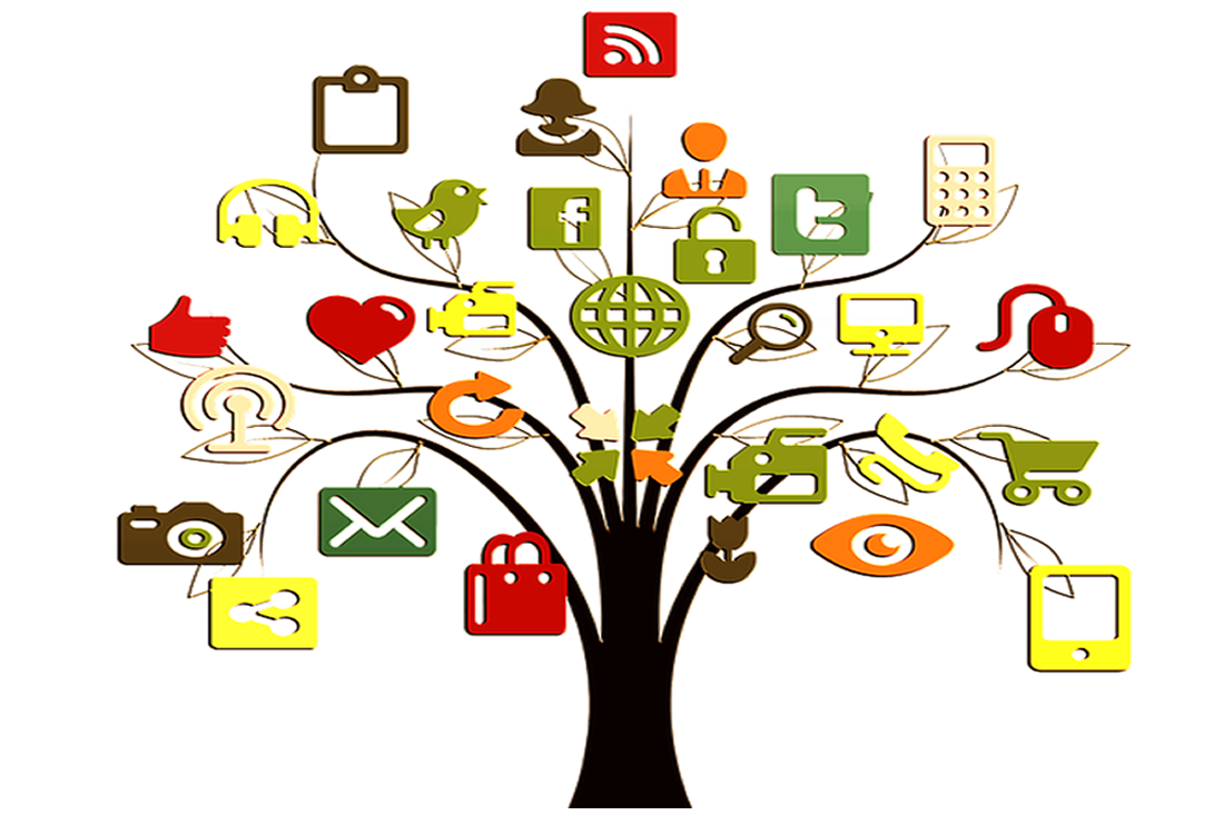 Ceci est une image d'un arbre dont les feuilles sont des outils numériques.